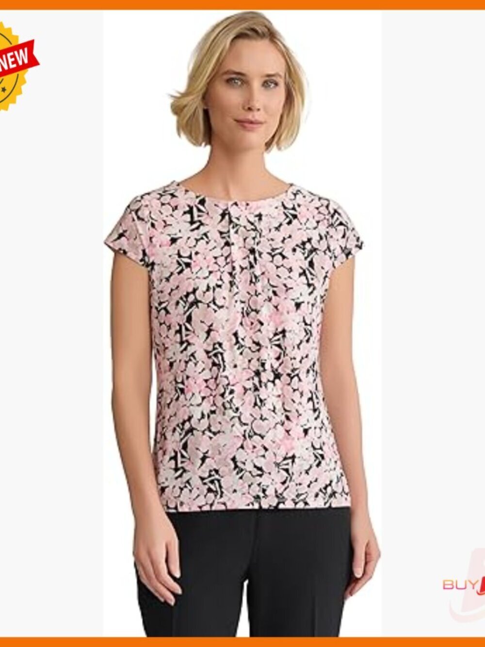 Cap Sleeve Pleat Neck Printed Jersey Top, Regular Fit, Polyester Blend